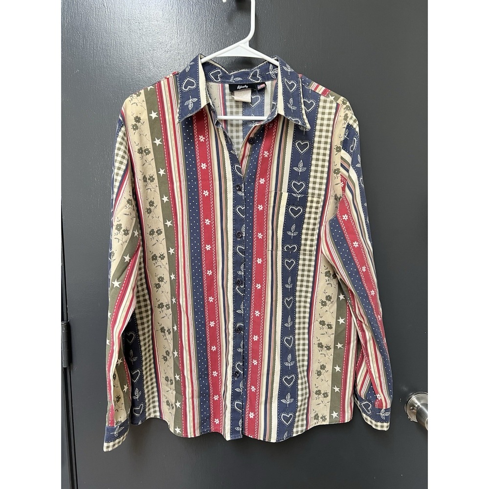 Tapestry Patriotic Print Button Up Shirt Women Sz L Floral Novelty USA Made